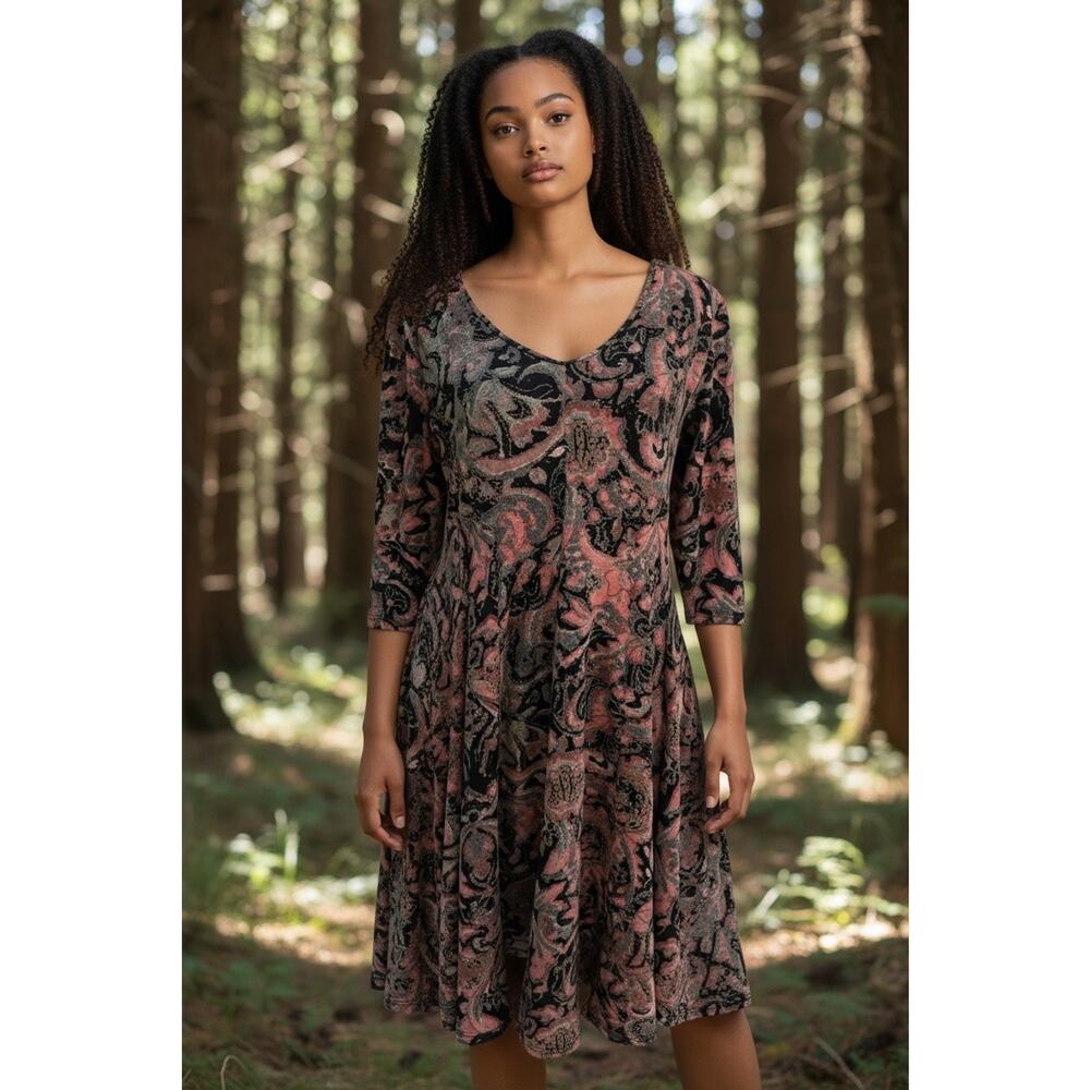 Peruvian Connection Multicolor Floral‎ Pima Cotton Midi Dress 3/4 Sleeve